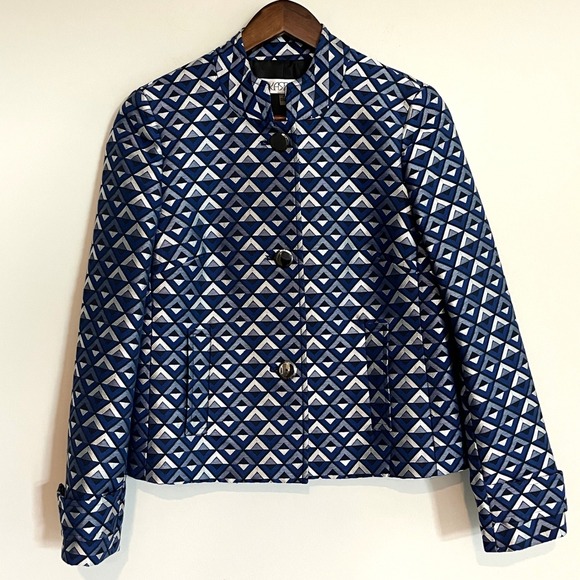 Kasper Jackets & Blazers - Kasper Womens Blue Geometric Triangle Jacquard Mandarin Collar Blazer Jacket 4